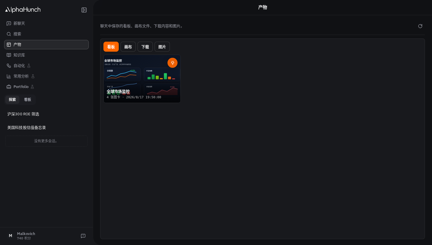 包含看板、Canvas、下载内容和图片的产物资源库